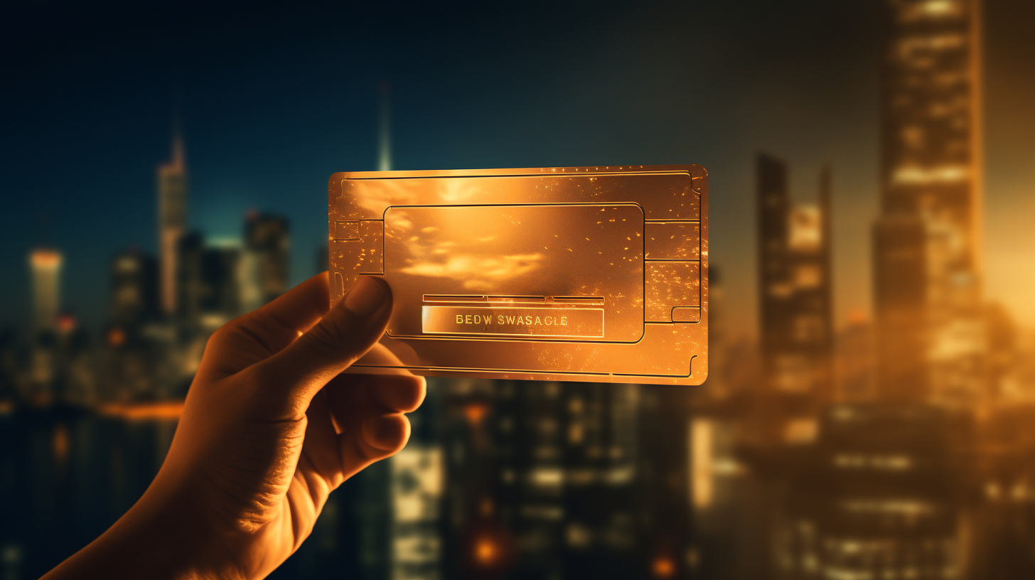 Holding a golden ticket in front of a futurisitic city